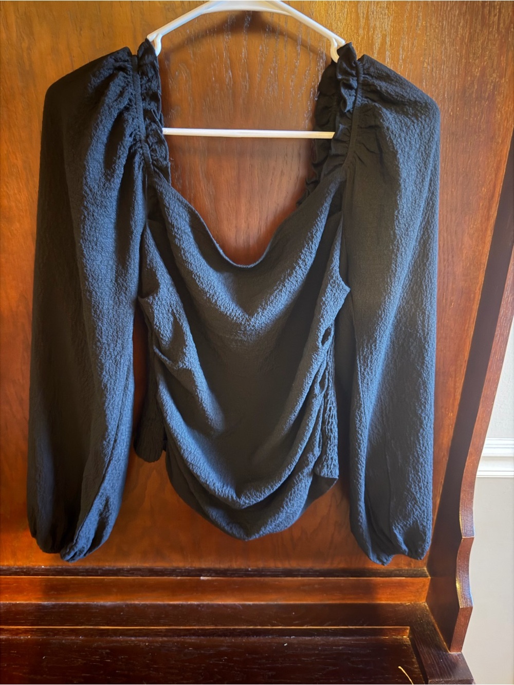 SHEIN Black Ruched Draped Long-Sleeve Blouse